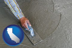 california map icon and smoothing a concrete surface with a trowel