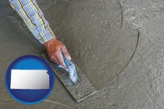kansas map icon and smoothing a concrete surface with a trowel