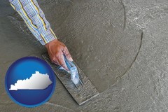 kentucky map icon and smoothing a concrete surface with a trowel