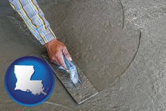 louisiana map icon and smoothing a concrete surface with a trowel
