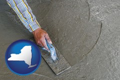 new-york map icon and smoothing a concrete surface with a trowel