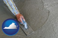 virginia map icon and smoothing a concrete surface with a trowel