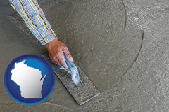 wisconsin map icon and smoothing a concrete surface with a trowel